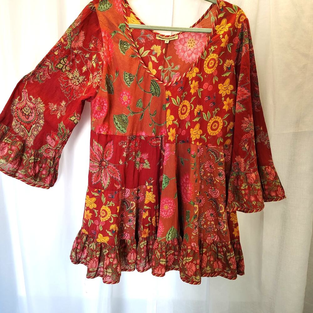 Passementrie XL Boho Patchwork Floral Tunic Bell Sleeve Peasant Blouse Hippie